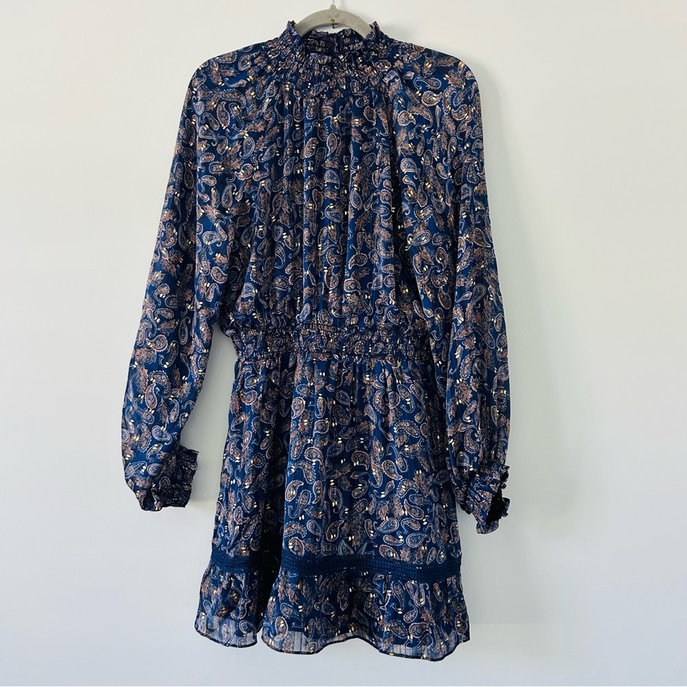 Lost + Wander Wish Upon Navy Gold Paisley Long Sleeve High Neck Mini Dress NWT